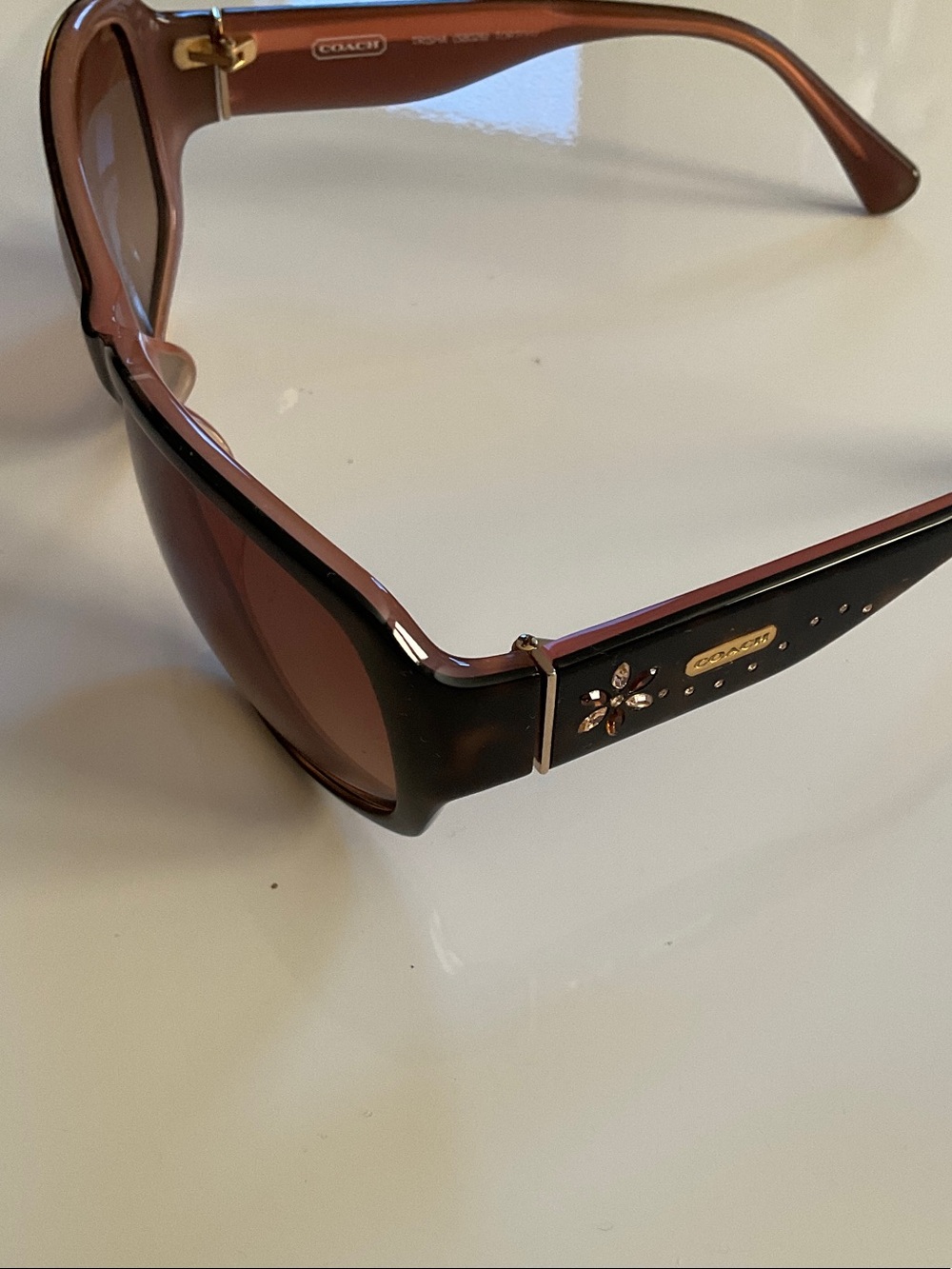 Vintage Coach Brown Tortoiseshell Sunglasses w/ Swarovski Crystal Flower Accents